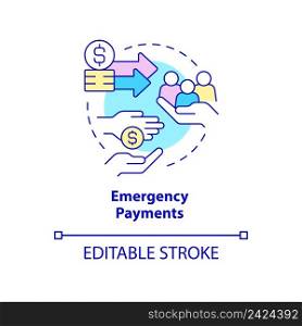 Emergency payments concept icon. Financial assistance. Way to help refugees abstract idea thin line illustration. Isolated outline drawing. Editable stroke. Arial, Myriad Pro-Bold fonts used. Emergency payments concept icon