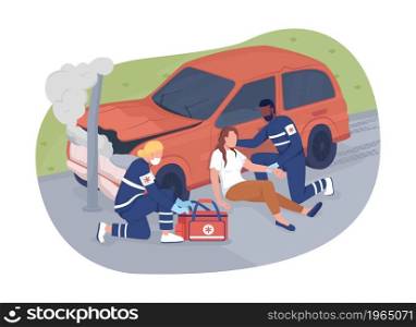 Emergency response 2D vector isolated illustration. Paramedics helping car accident victim flat characters on cartoon background. Licensing ambulance service. Provide medical care colourful scene. Emergency response 2D vector isolated illustration