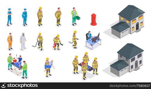 Emergency service isometric icons set with house on fire policeman firefighter doctor characters helping injured people 3d isolated vector illustration