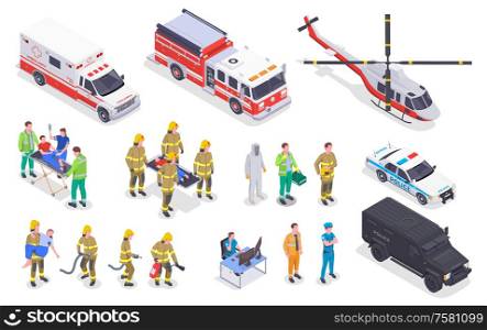 Emergency service isometric set with isolated images of special vehicles with fire fighting personnel ambulance crew vector illustration