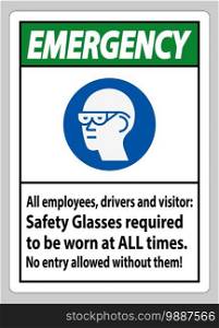 Emergency Sign All Employees, Drivers And Visitors,Safety Glasses Required To Be Worn At All Times