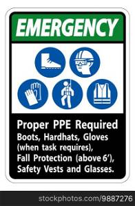 Emergency Sign Proper PPE Required Boots, Hardhats, Gloves When Task Requires Fall Protection With PPE Symbols 