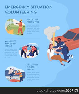 Emergency situation volunteering flat vector brochure template. Flyer, booklet, printable leaflet design with flat illustrations. Magazine page, cartoon reports, infographic posters with text space. Emergency situation volunteering flat vector brochure template