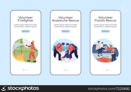 Emergency situation volunteering onboarding mobile app screen flat vector template. Walkthrough website 3 steps with characters. Creative UX, UI, GUI smartphone cartoon interface, case prints set. Emergency situation volunteering onboarding mobile app screen flat vector template