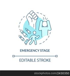 Emergency stage turquoise concept icon. Traumatic experience. PTSD treatment abstract idea thin line illustration. Isolated outline drawing. Editable stroke. Arial, Myriad Pro-Bold fonts used. Emergency stage turquoise concept icon