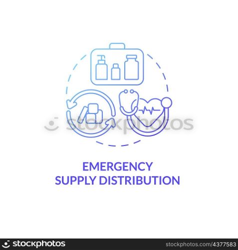 Emergency supply distribution blue gradient concept icon. Public support to refugee abstract idea thin line illustration. Isolated outline drawing. Roboto-Medium, Myriad Pro-Bold fonts used. Emergency supply distribution blue gradient concept icon