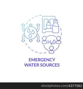 Emergency water sources blue gradient concept icon. Containers of fluids for support abstract idea thin line illustration. Isolated outline drawing. Roboto-Medium, Myriad Pro-Bold fonts used. Emergency water sources blue gradient concept icon