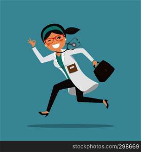 Emergency woman doctor running to help with stethoscope showing ok gesture. Vector illustration