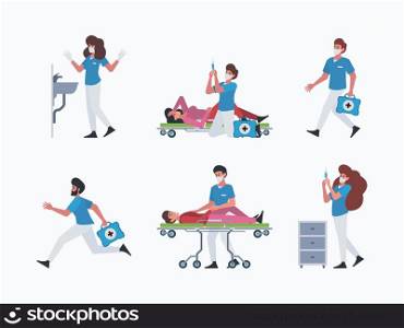 Emergency workers. Medical stuff victim people helping life protection garish vector flat characters. Emergency professional team in uniform illustration. Emergency workers. Medical stuff victim people helping life protection garish vector flat characters