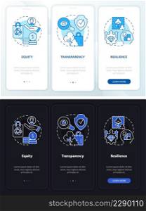 Emergent features night and day mode onboarding mobile app screen. Walkthrough 3 steps graphic instructions pages with linear concepts. UI, UX, GUI template. Myriad Pro-Bold, Regular fonts used. Emergent features night and day mode onboarding mobile app screen