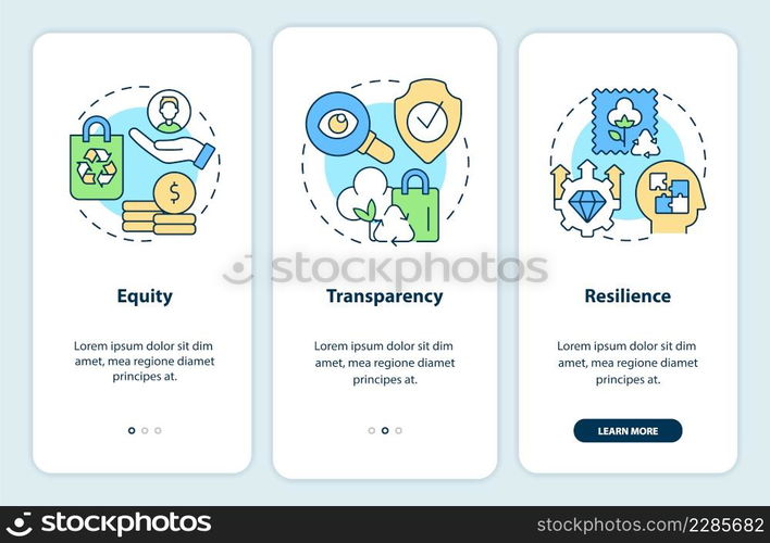 Emergent properties onboarding mobile app screen. Equity and resilience walkthrough 3 steps graphic instructions pages with linear concepts. UI, UX, GUI template. Myriad Pro-Bold, Regular fonts used. Emergent properties onboarding mobile app screen