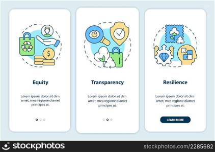 Emergent properties onboarding mobile app screen. Equity and resilience walkthrough 3 steps graphic instructions pages with linear concepts. UI, UX, GUI template. Myriad Pro-Bold, Regular fonts used. Emergent properties onboarding mobile app screen