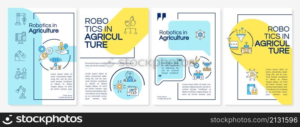 Emerging innovations in agriculture blue and yellow brochure template. Booklet print design with linear icons. Vector layouts for presentation, annual reports, ads. Questrial, Lato-Regular fonts used. Emerging innovations in agriculture blue and yellow brochure template