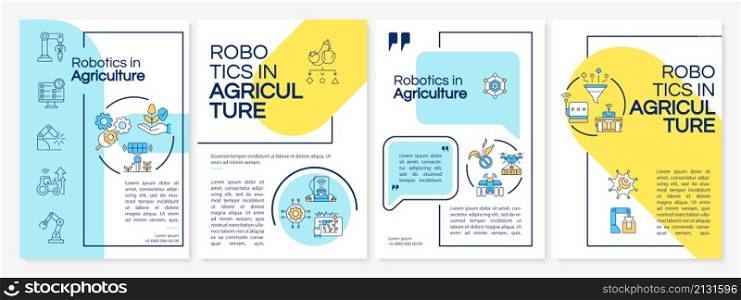 Emerging innovations in agriculture blue and yellow brochure template. Booklet print design with linear icons. Vector layouts for presentation, annual reports, ads. Questrial, Lato-Regular fonts used. Emerging innovations in agriculture blue and yellow brochure template