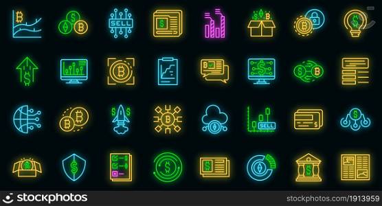 Emerging market icons set. Outline set of emerging market vector icons neon color on black. Emerging market icons set vector neon