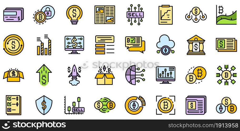 Emerging market icons set. Outline set of emerging market vector icons thin line color flat isolated on white. Emerging market icons set line color vector