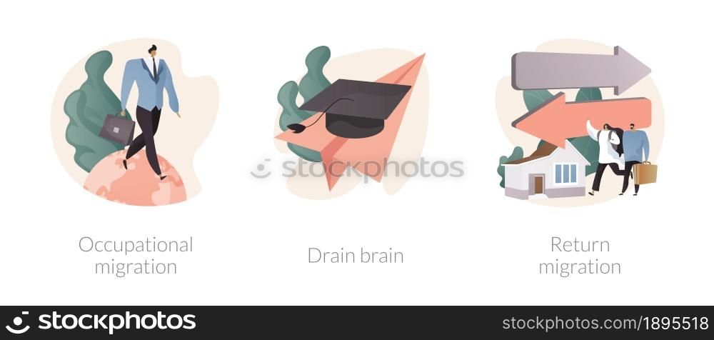 Emigration of trained workers abstract concept vector illustration set. Occupational migration, brain drain, repatriation grant, human capital, foreign citizens, work and travel abstract metaphor.. Emigration of trained workers abstract concept vector illustrations.