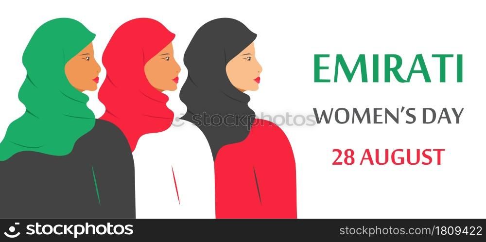 Emirati Women&rsquo;s Day concept vector. Beautiful arabian ladies in hijab are standing together. Green, red colorful clothes in UAE flag symbol.. Emirati Women&rsquo;s Day concept vector. Beautiful arabian ladies in hijab are standing together.