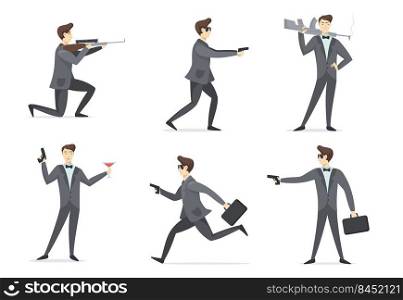 Emissary man adventures set. Secret spy agent aiming weapon, using gun, drinking cocktail. Vector illustration for espionage, national security character, intelligence service concept