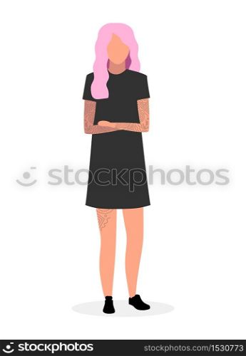 Emo girl flat vector illustration. Young woman with pink hair and tattooed cartoon character. Hipster lady wearing black dress with crossed hands isolated on white background. Stylish female teenager