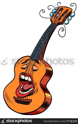 Emoji character emotion acoustic guitar musical instrument. Pop art retro vector illustration drawing. Emoji character emotion acoustic guitar musical instrument