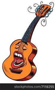 Emoji character emotion acoustic guitar musical instrument. Pop art retro vector illustration drawing. Emoji character emotion acoustic guitar musical instrument