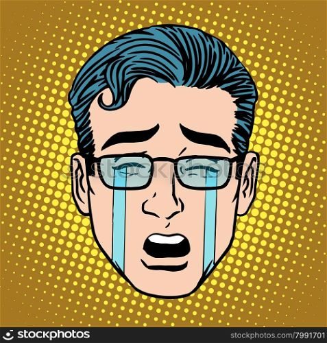 Emoji crying sadness man face icon symbol pop art retro style. Emoji crying sadness man face icon symbol