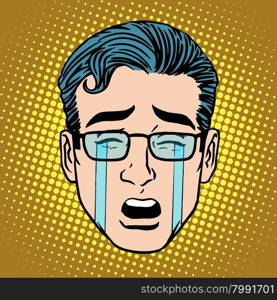 Emoji crying sadness man face icon symbol pop art retro style. Emoji crying sadness man face icon symbol