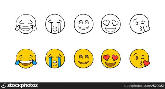 Emoji doodle happy yellow smiley. Happy cartoon laugh and kiss sticker collection.