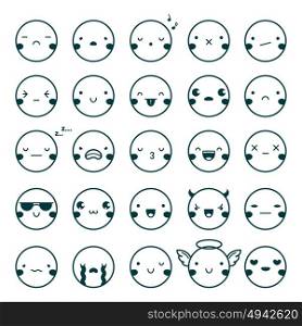 Emoji Emoticons Black Set. Twenty-five emoji emoticons black set showing different emotions isolated on white background flat vector illustration