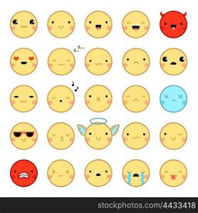 Emoji Emoticons Set. Flat design twenty-five funny colorful emoji emoticons set with various emotions isolated on white background vector illustration