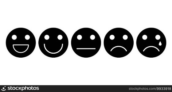 Emoji face black icon set. Customer rating satisfaction. 5 basic emotions for feedback survey. Happy, smile, neutral, sad, bad. Vector illustration isolated on white background.