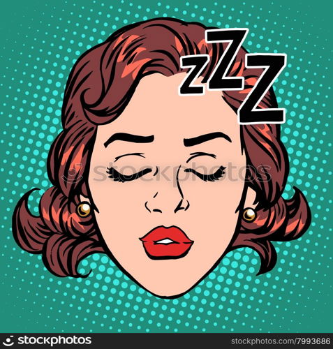 Emoji icon woman face sleep pop art retro style. Rest and hibernation. A stylized image for computer icons and t-shirt. Emoji icon woman face sleep