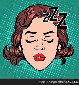 Emoji icon woman face sleep pop art retro style. Rest and hibernation. A stylized image for computer icons and t-shirt. Emoji icon woman face sleep