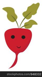 Emoji of a red radish with flat and elongated green leaves on its stalks, an oval-shaped body that tapers towards the end has a cute little face and is smiling, vector, color drawing or illustration.