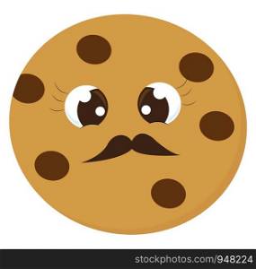 Emoji of Mr.Cookie baked with chocolate, nuts, butter an peanuts, has a long and dense mustache, beautiful eyelashes, and eyes crossed looks cute and lovely, vector, color drawing or illustration.