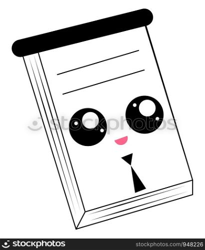 Emoji of Mr.Paper on a notepad with pages that contain lines, has a face with rosy lips and eyes rolled top-left is smiling, vector, color drawing or illustration.