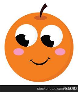 Emoji of the round orange fruit topped with a short black stalk with eyes rolled right-bottom has a cute smile turning up to the cheek, vector, color drawing or illustration.