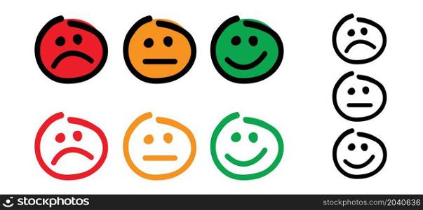Emoticon face. Good and bad icons for measuring customer satisfaction, Tools to measure the level of customer satisfaction with the service of employees. Flat vector sign. Compliments oke like hand thumb up or thumbs down. Unlike or dislike day. Soci