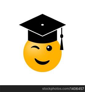 Emoticon graduate icon in academic hat on white background. Vector illustration