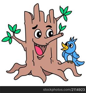 emoticon of a smiling tree trunk playing with a small bird