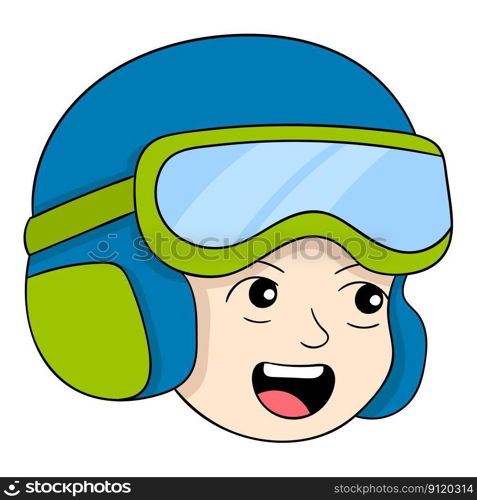 emoticon of boy head wearing classic helmet with goggles. vector design illustration art