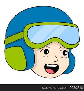 emoticon of boy head wearing classic helmet with goggles. vector design illustration art