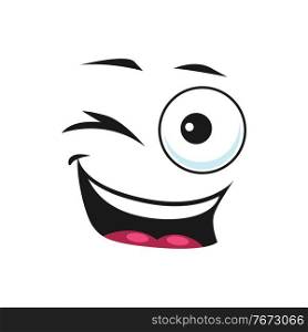 Emoticon ok gesture winking blinking eye isolated icon. Vector naughty cheerful emoji in good mood, positive facial expression, closed eye. Cute cartoon winking face, happy emoji with toothy smile. Winking smiley face isolated emoticon blinking eye