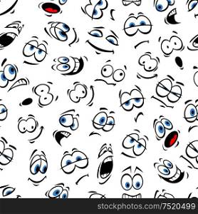 Emoticon pattern. Vector seamless pattern of cartoon human face with blue eyes and emotional expresions as smiling, happy and chilly, surprised, sad, angry, mad, crying, shocked, comic, silly, scared, sleepy, astonished. Human cartoon emoticon pattern with blue eyes