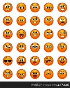 Emoticon set with different funny emotions. Vector character set of emotion funny cartoon, smile and happy face illustration. Emoticon set with different funny emotions. Vector character set