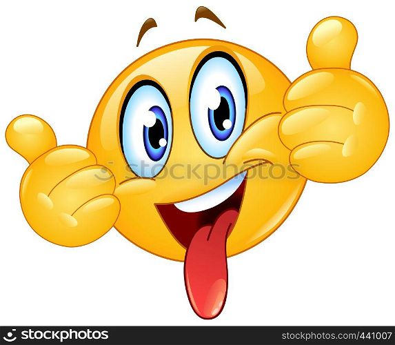 Emoticon showing thumbs out and sticking out a tongue