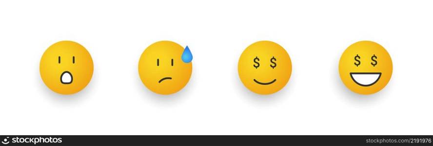Emoticon smiles. Cartoon emoji set. Smiley faces with different emotions. Vector illustration