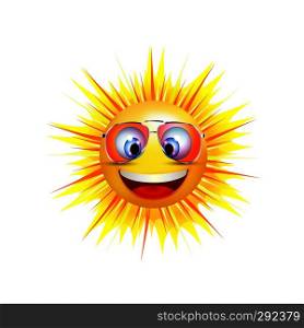 Emoticon smiling. Cartoon sun smiling with trend sunglasses. Vector 3d illustration