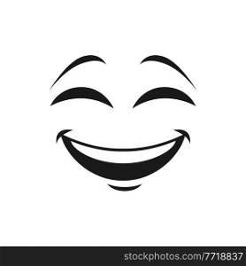 Emoticon with broad kind smile and blinked eyes isolated icon. Vector laughing smiley, eyes winked of joy. Satisfied avatar expression, comic man head with blinked eyes funny joke sign chatboat emblem. Happy smiling emoji giggling emoticon in good mood